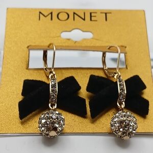 Monet Black Velvet Bow and Gold Balls With Crystals Earrings NWT